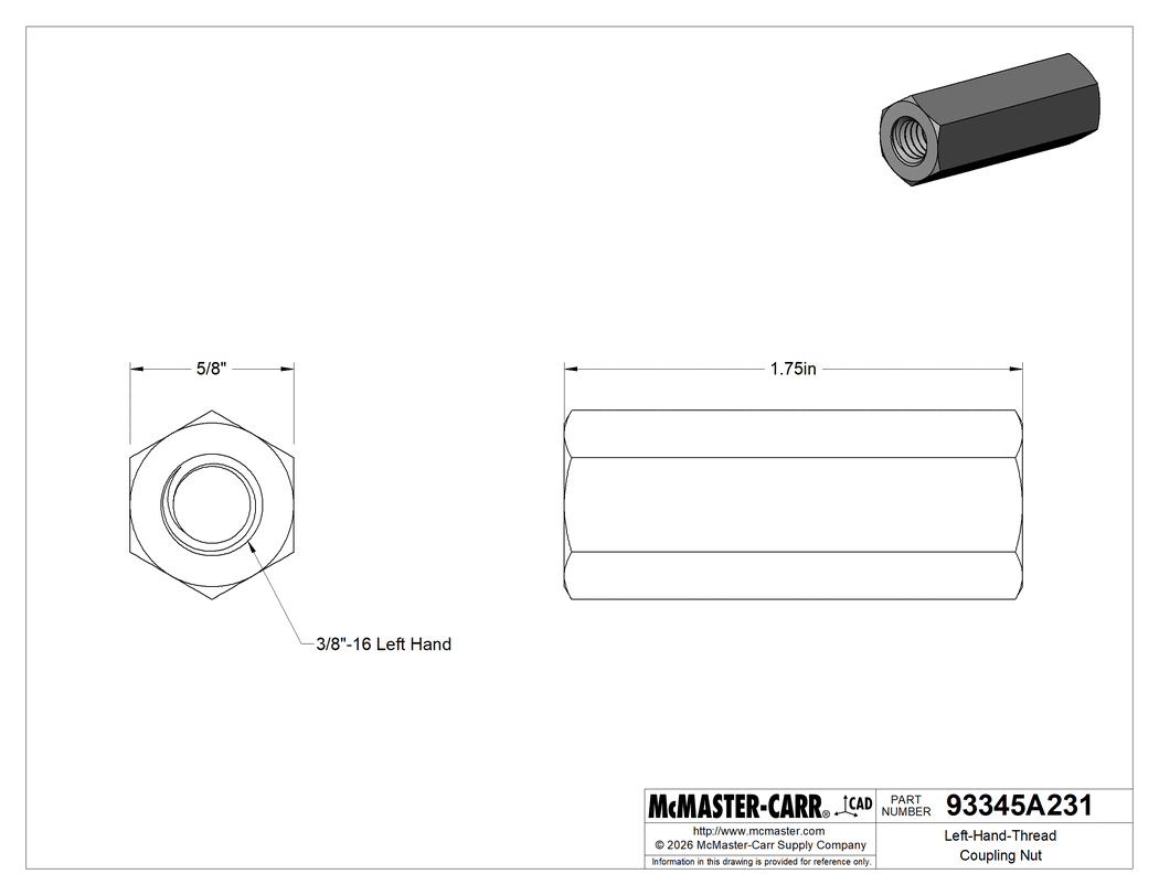 Technical Drawing of Left-Hand-Thread Coupling Nut, 3/8"-16 Thread Size.
